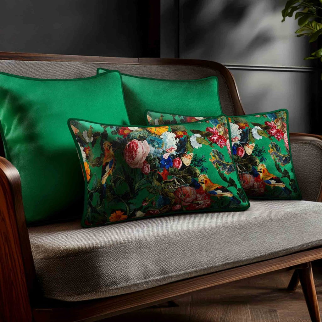 Birds In Paradise | Sustainable Velvet Rectangle Cushion - Emerald Green 50 x 30 cm Standard by Izabela Peters