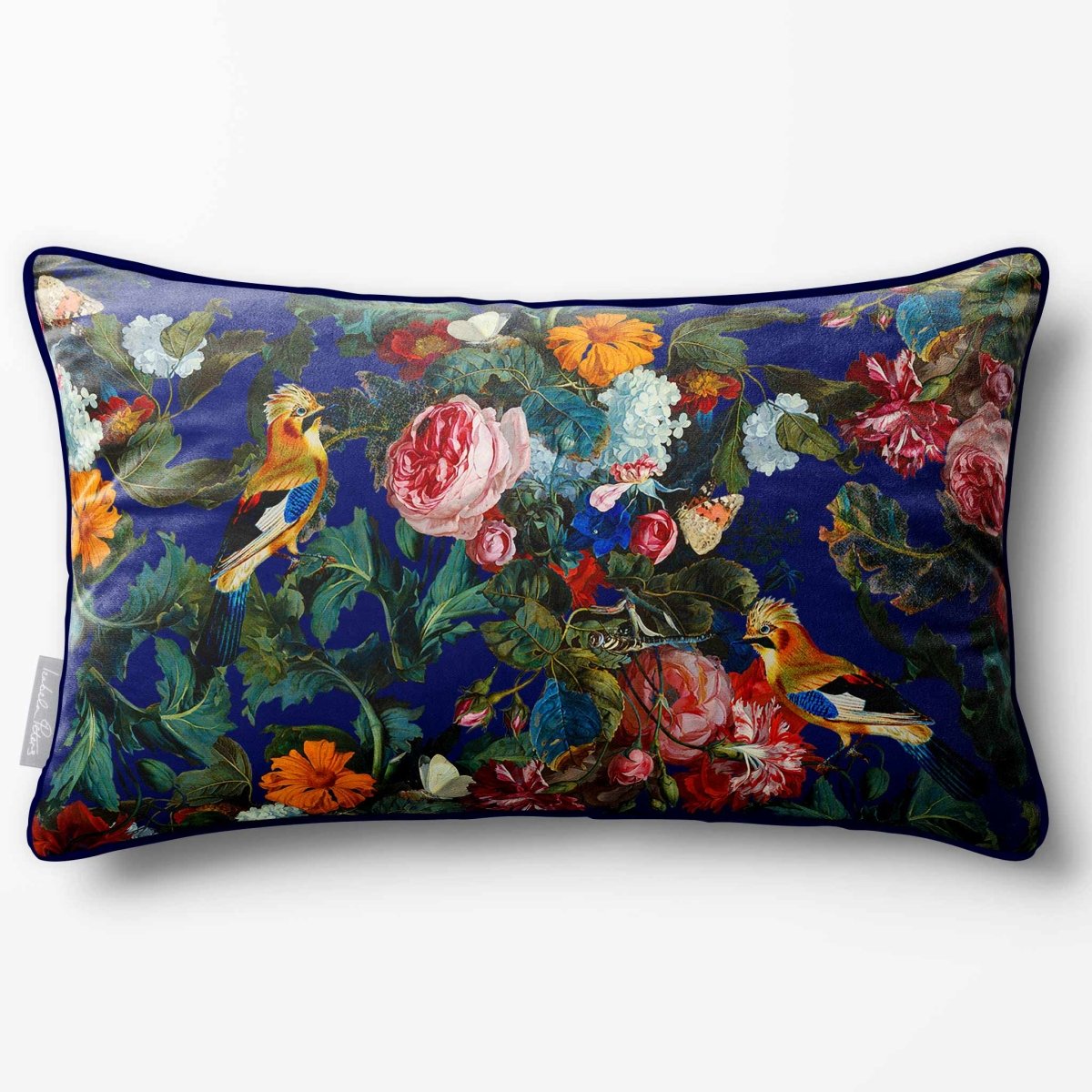 Birds In Paradise | Sustainable Velvet Rectangle Cushion - Midnight 50 x 30 cm Piped by Izabela Peters