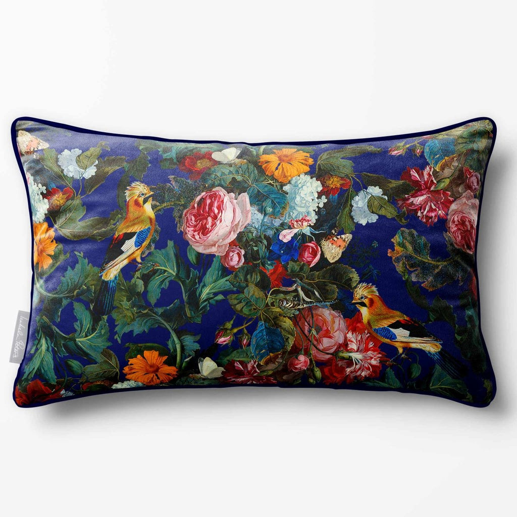 Birds In Paradise | Sustainable Velvet Rectangle Cushion - Midnight 50 x 30 cm Piped by Izabela Peters