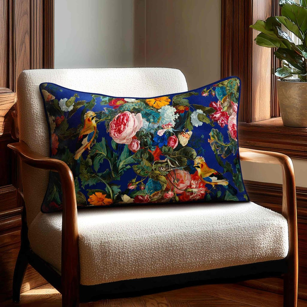 Birds In Paradise | Sustainable Velvet Rectangle Cushion - Midnight 50 x 30 cm Standard by Izabela Peters