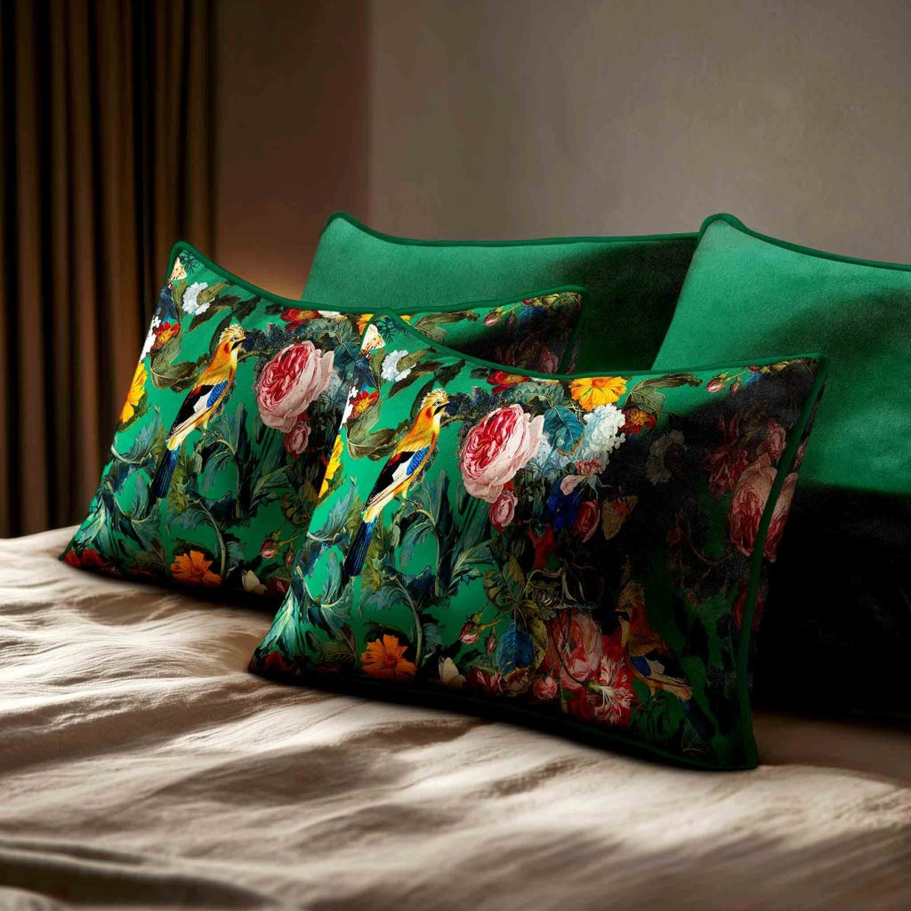 Birds In Paradise | Sustainable Velvet Rectangle Cushion - Emerald Green 50 x 30 cm Standard by Izabela Peters