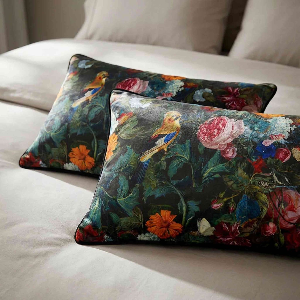 Birds In Paradise | Sustainable Velvet Rectangle Cushion - Charcoal 50 x 30 cm Standard by Izabela Peters