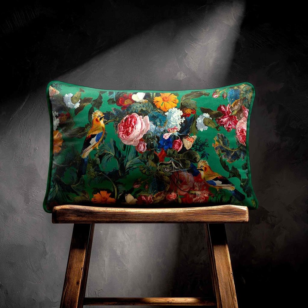 Birds In Paradise | Sustainable Velvet Rectangle Cushion - Emerald Green 50 x 30 cm Standard by Izabela Peters