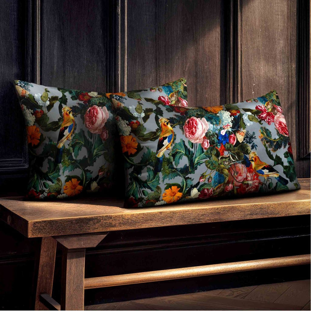 Birds In Paradise | Sustainable Velvet Rectangle Cushion - French Grey 50 x 30 cm Standard by Izabela Peters