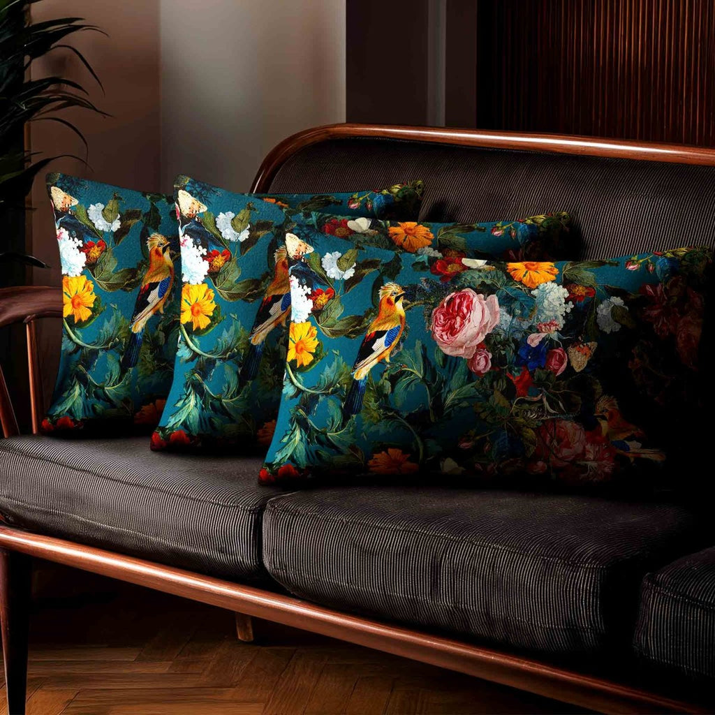 Birds In Paradise | Sustainable Velvet Rectangle Cushion - Teal 50 x 30 cm Standard by Izabela Peters