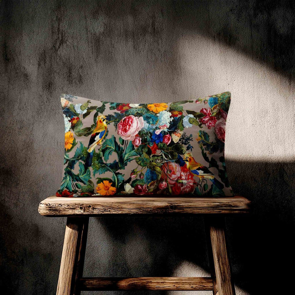 Birds In Paradise | Sustainable Velvet Rectangle Cushion - Dovedale Stone 50 x 30 cm Standard by Izabela Peters