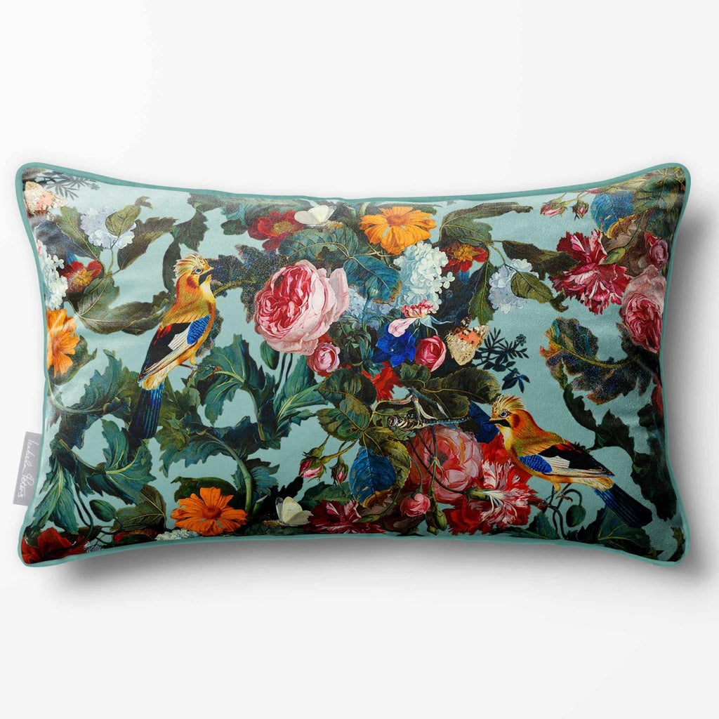 Birds In Paradise | Sustainable Velvet Rectangle Cushion - Blue Surf 50 x 30 cm Piped by Izabela Peters