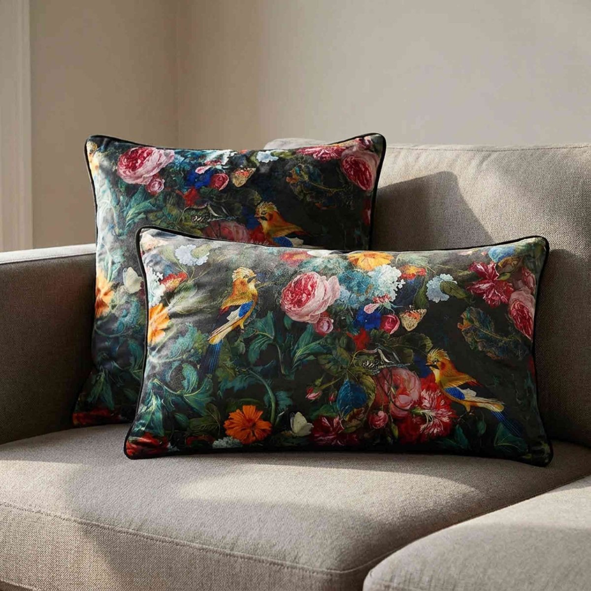 Birds In Paradise | Sustainable Velvet Rectangle Cushion - Charcoal 50 x 30 cm Piped by Izabela Peters