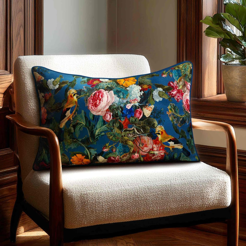 Birds In Paradise | Sustainable Velvet Rectangle Cushion - Estate Blue 50 x 30 cm Standard by Izabela Peters
