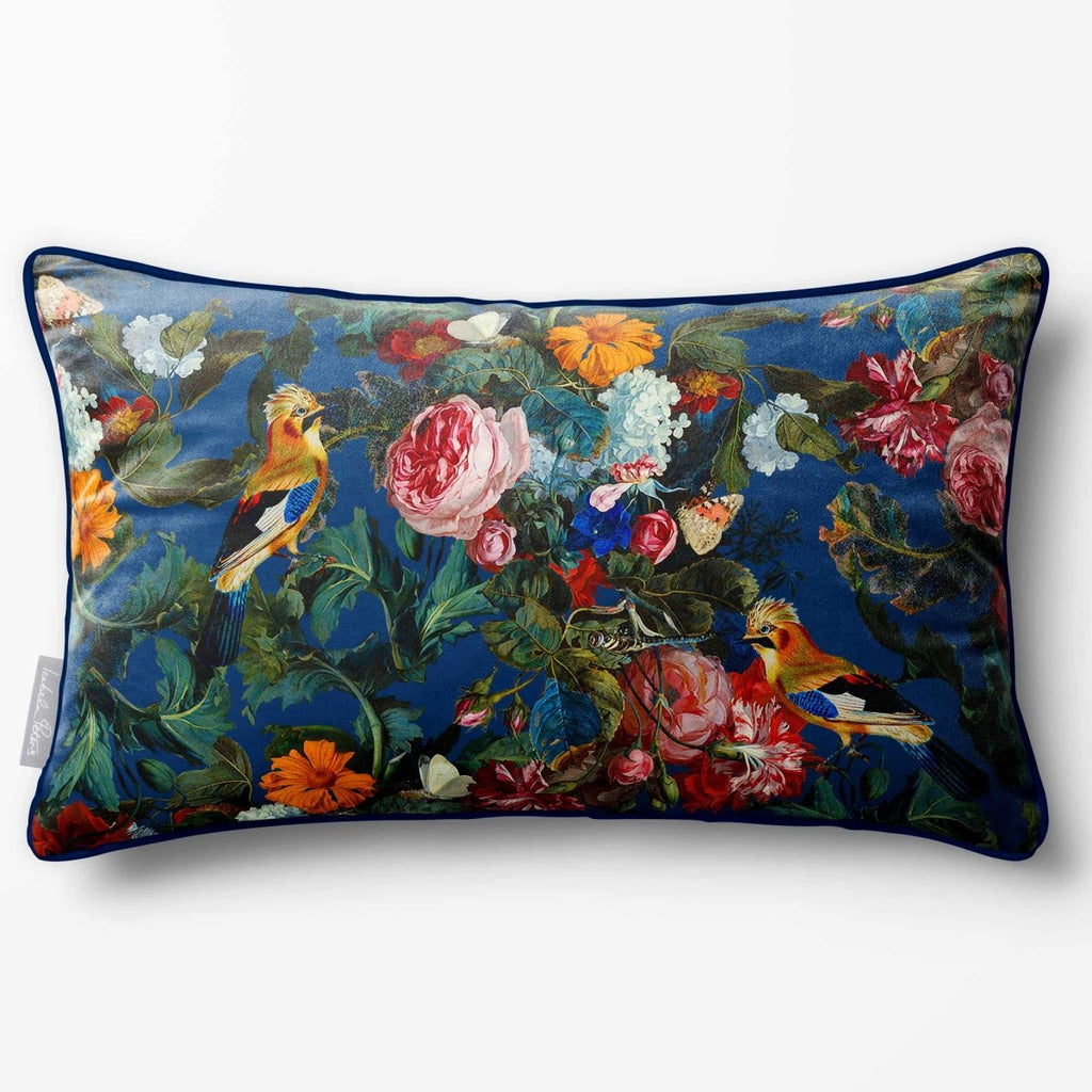 Birds In Paradise | Sustainable Velvet Rectangle Cushion - Estate Blue 50 x 30 cm Piped by Izabela Peters