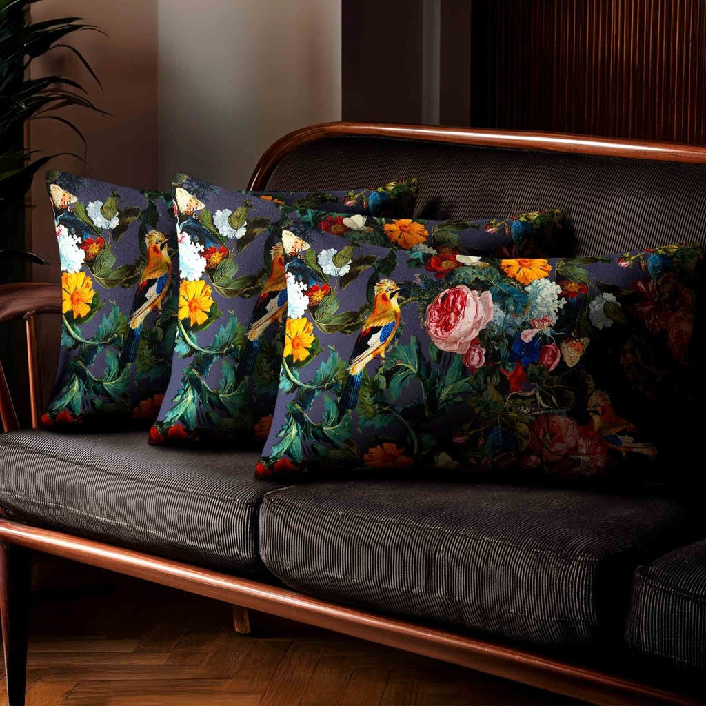 Birds In Paradise | Sustainable Velvet Rectangle Cushion - Graphite 50 x 30 cm Standard by Izabela Peters