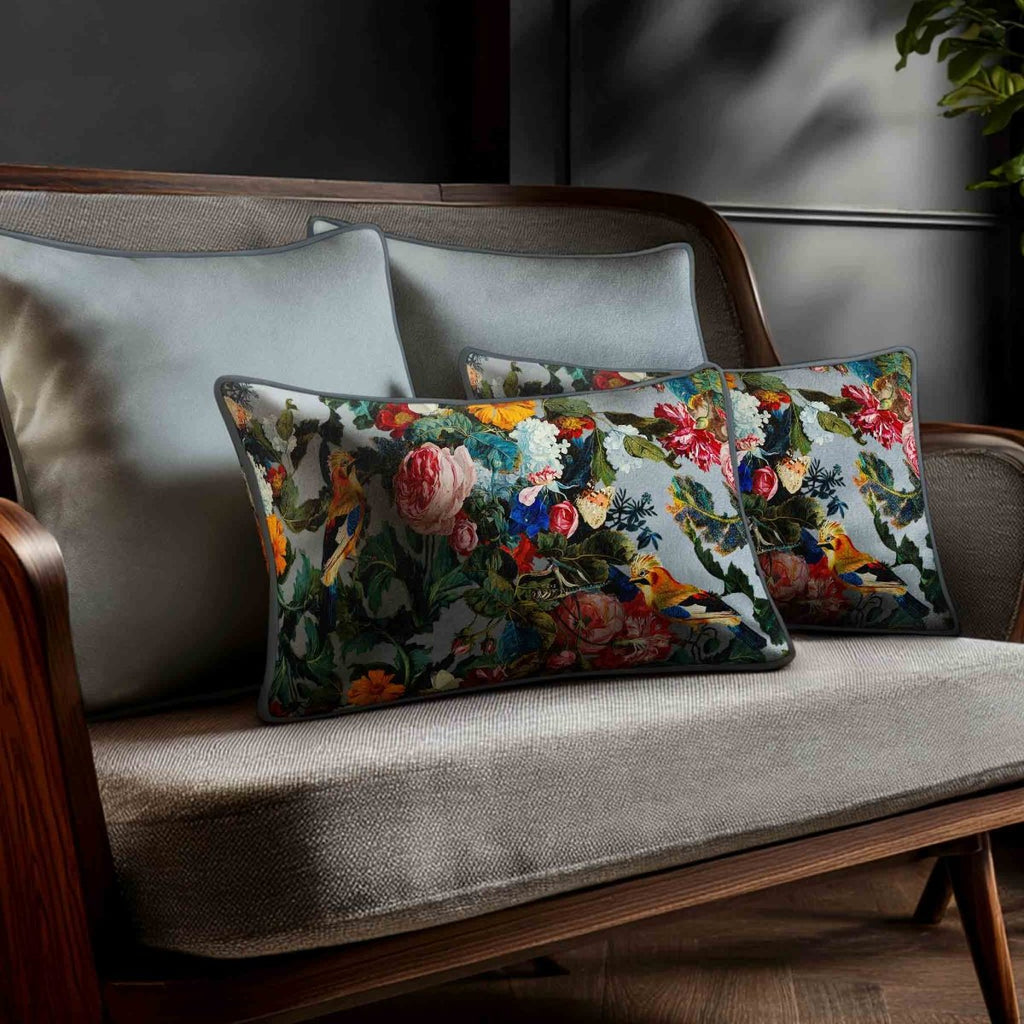 Birds In Paradise | Sustainable Velvet Rectangle Cushion - French Grey 50 x 30 cm Standard by Izabela Peters