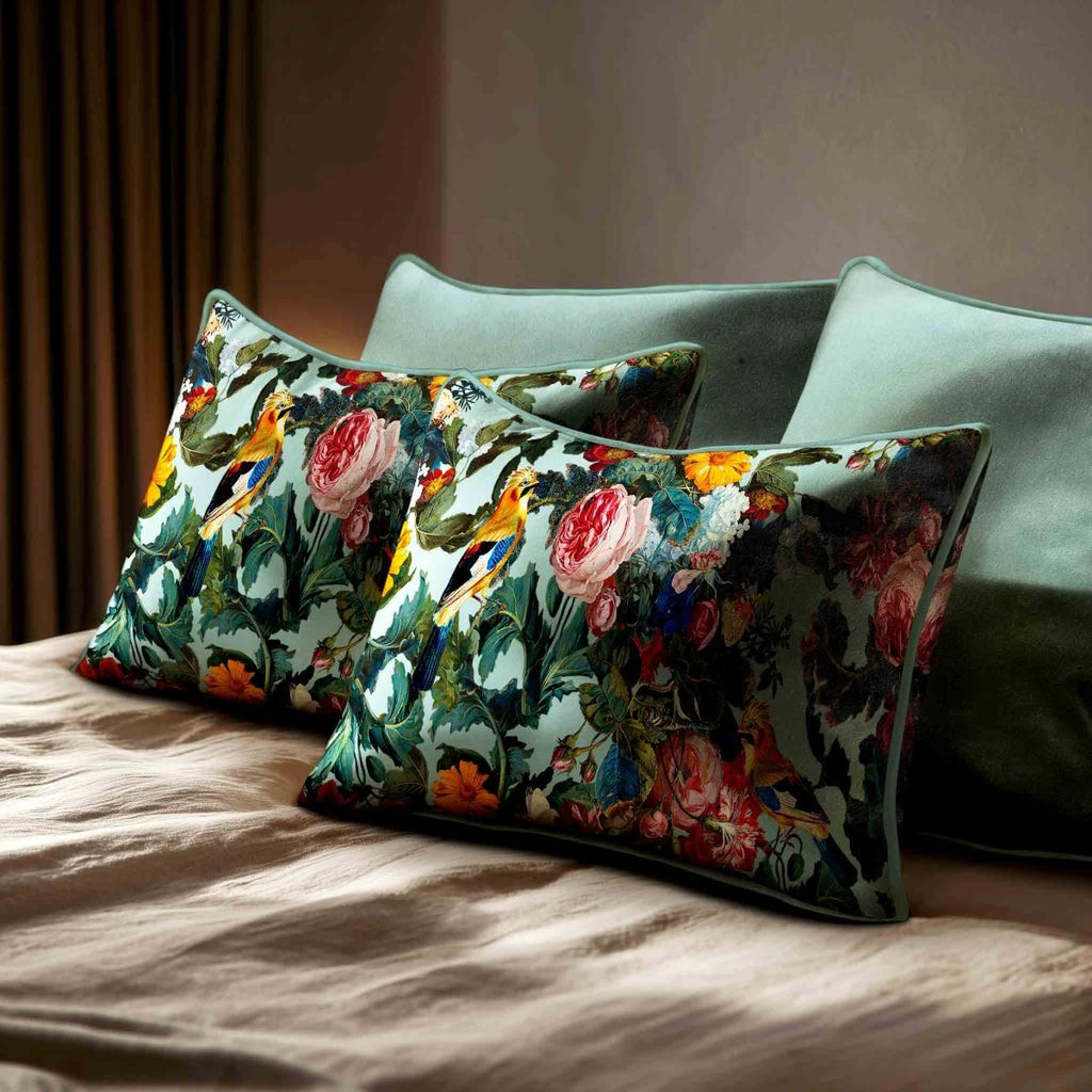 Birds In Paradise | Sustainable Velvet Rectangle Cushion - Blue Surf 50 x 30 cm Standard by Izabela Peters