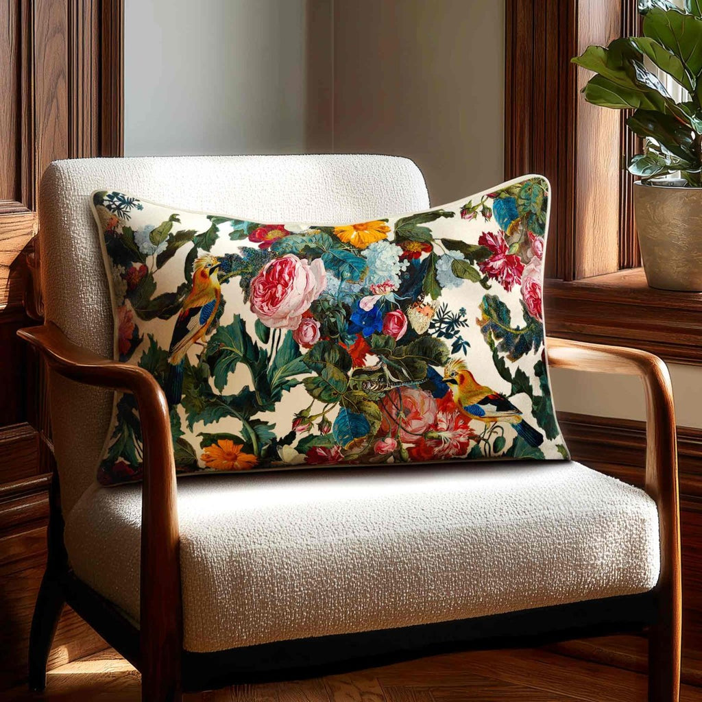 Birds In Paradise | Sustainable Velvet Rectangle Cushion - Ivory Cream 50 x 30 cm Standard by Izabela Peters