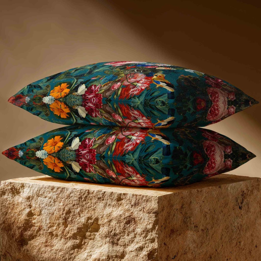 Birds In Paradise | Sustainable Velvet Rectangle Cushion - Teal 50 x 30 cm Standard by Izabela Peters