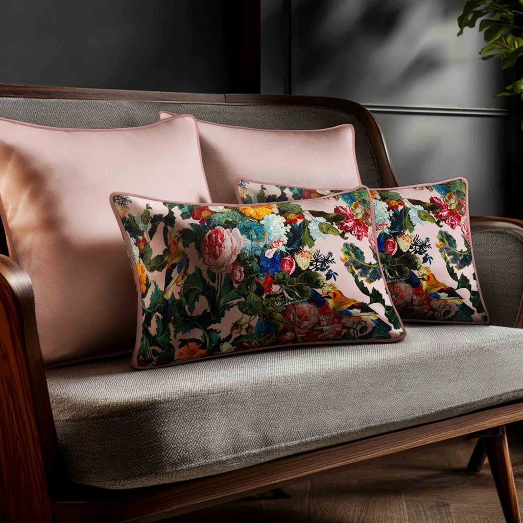 Birds In Paradise | Sustainable Velvet Rectangle Cushion - Rosewater 50 x 30 cm Standard by Izabela Peters