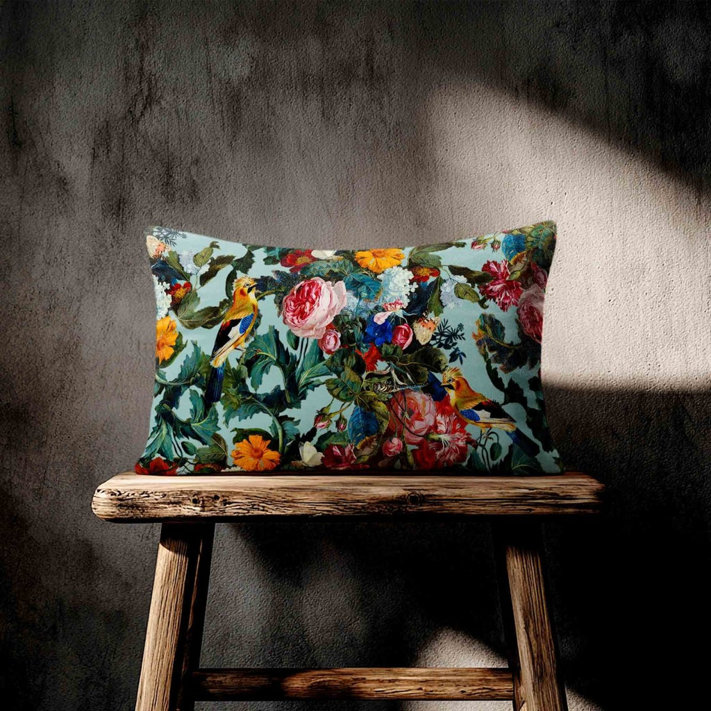 Birds In Paradise | Sustainable Velvet Rectangle Cushion - Blue Surf 50 x 30 cm Standard by Izabela Peters