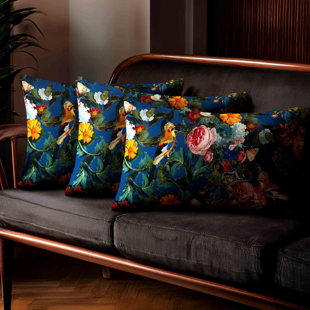 Birds In Paradise | Sustainable Velvet Rectangle Cushion - Estate Blue 50 x 30 cm Standard by Izabela Peters