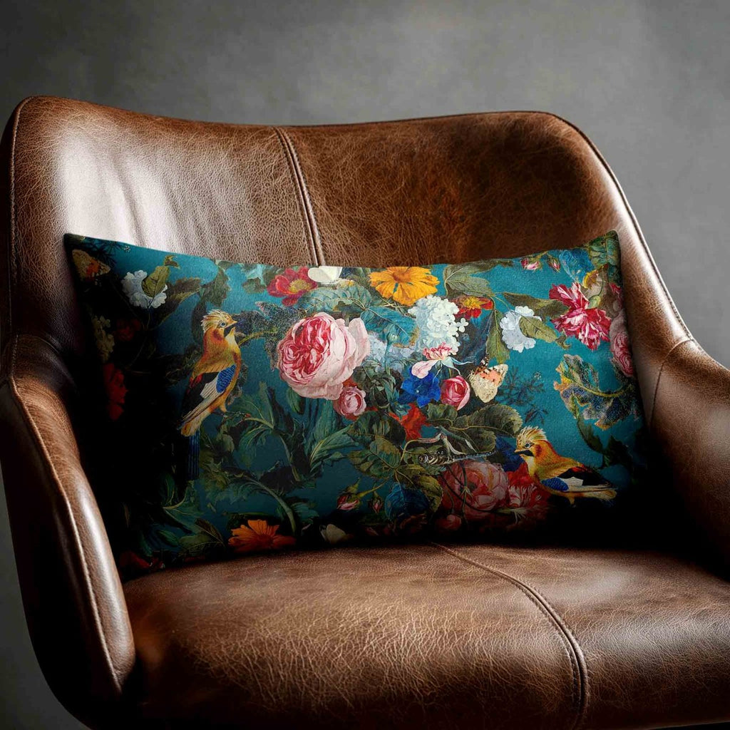 Birds In Paradise | Sustainable Velvet Rectangle Cushion - Teal 50 x 30 cm Standard by Izabela Peters