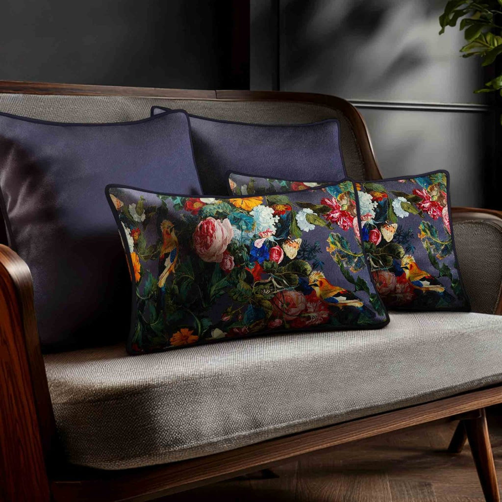 Birds In Paradise | Sustainable Velvet Rectangle Cushion - Graphite 50 x 30 cm Standard by Izabela Peters