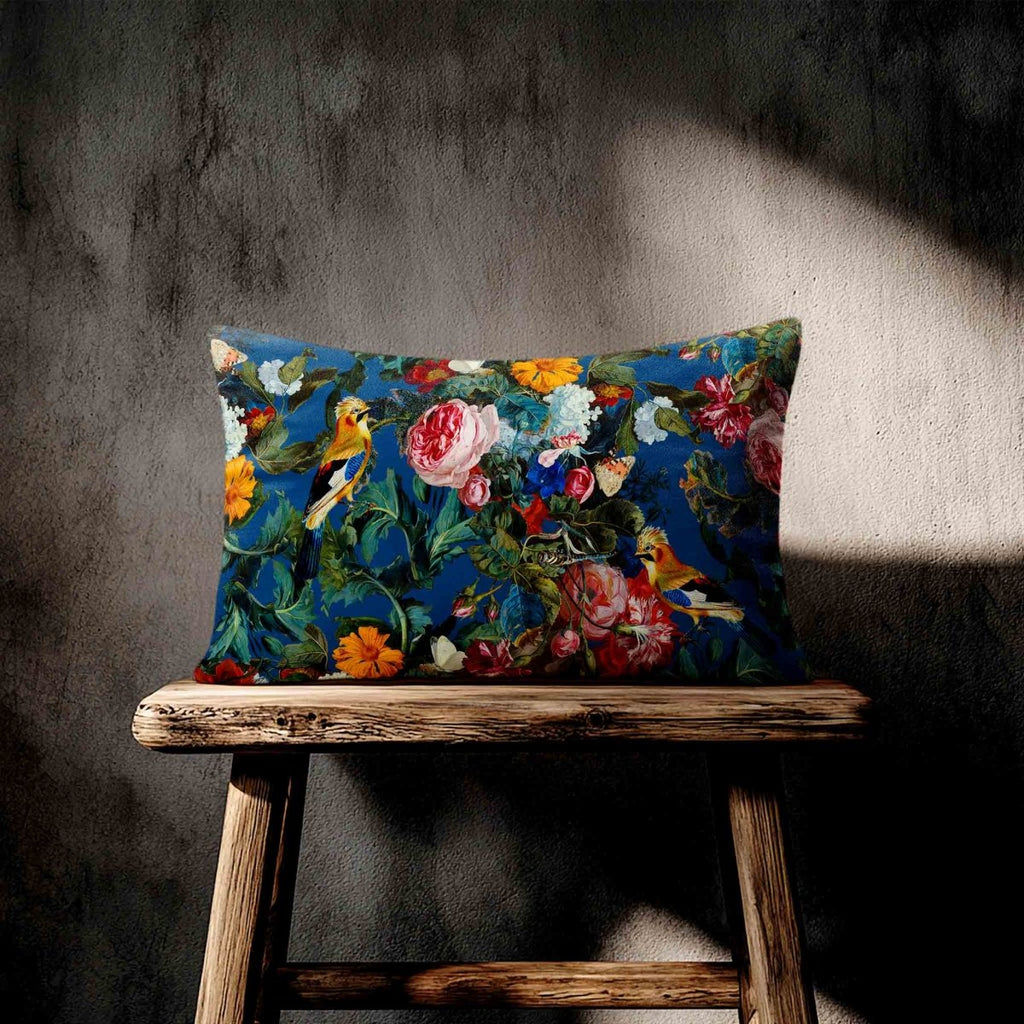 Birds In Paradise | Sustainable Velvet Rectangle Cushion - Estate Blue 50 x 30 cm Standard by Izabela Peters