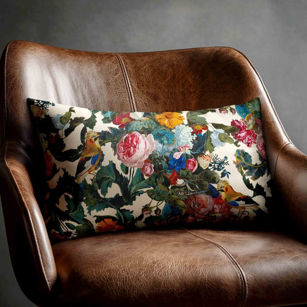 Birds In Paradise | Sustainable Velvet Rectangle Cushion - Ivory Cream 50 x 30 cm Standard by Izabela Peters