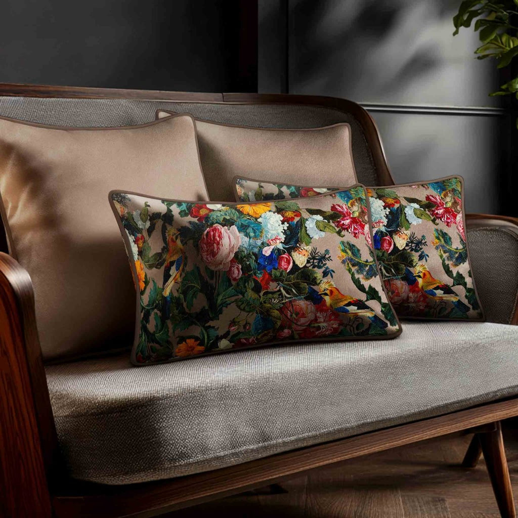 Birds In Paradise | Sustainable Velvet Rectangle Cushion - Dovedale Stone 50 x 30 cm Standard by Izabela Peters