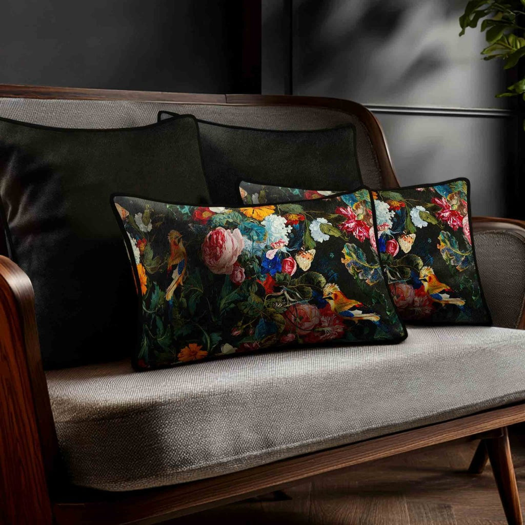 Birds In Paradise | Sustainable Velvet Rectangle Cushion - Charcoal 50 x 30 cm Standard by Izabela Peters