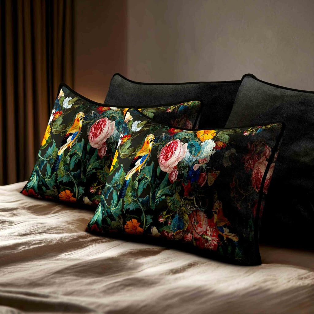 Birds In Paradise | Sustainable Velvet Rectangle Cushion - Charcoal 50 x 30 cm Standard by Izabela Peters