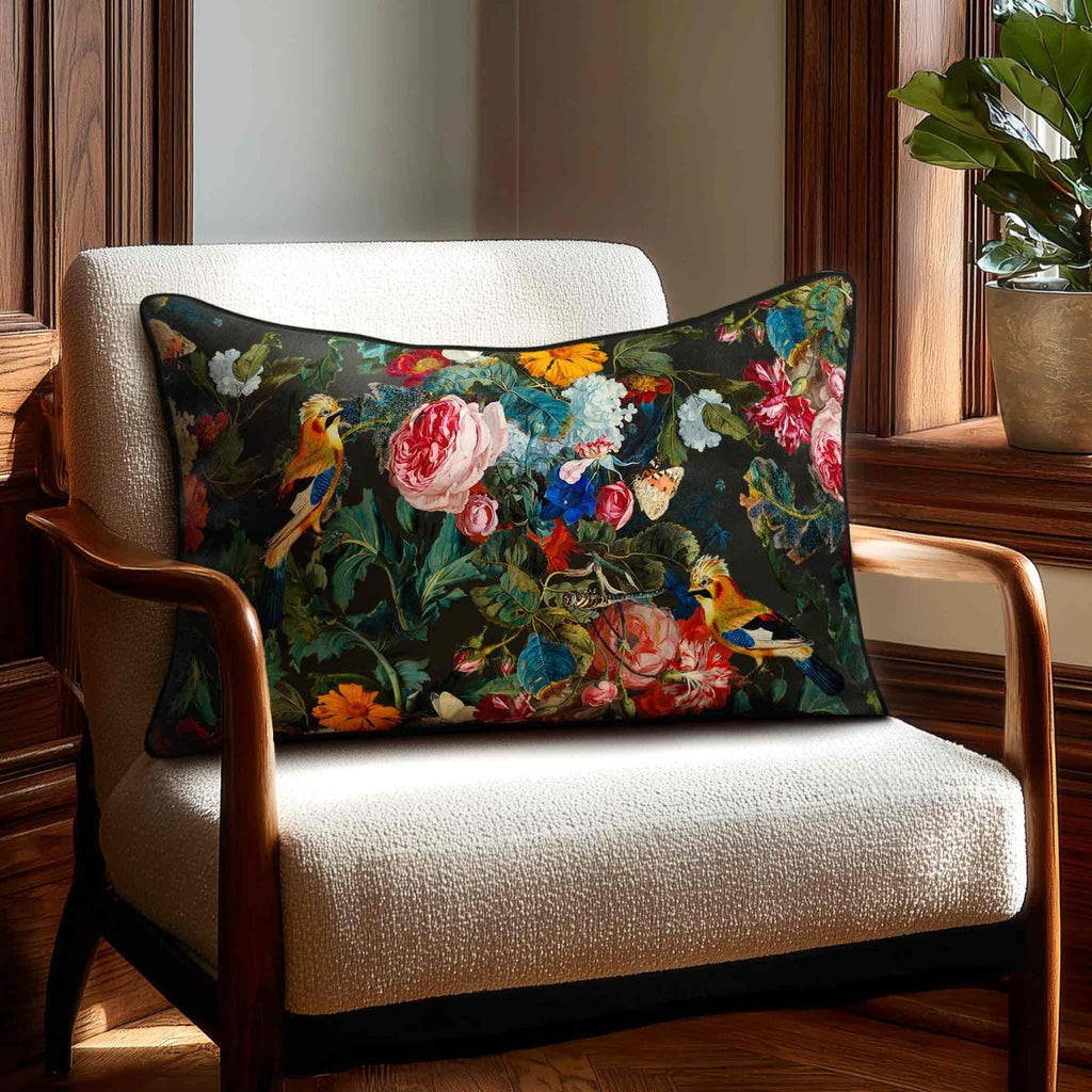 Birds In Paradise | Sustainable Velvet Rectangle Cushion - Charcoal 50 x 30 cm Standard by Izabela Peters