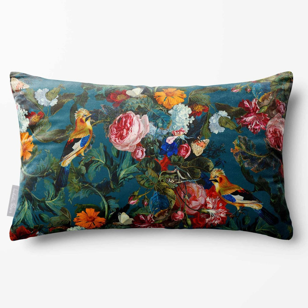 Birds In Paradise | Sustainable Velvet Rectangle Cushion - Teal 50 x 30 cm Standard by Izabela Peters