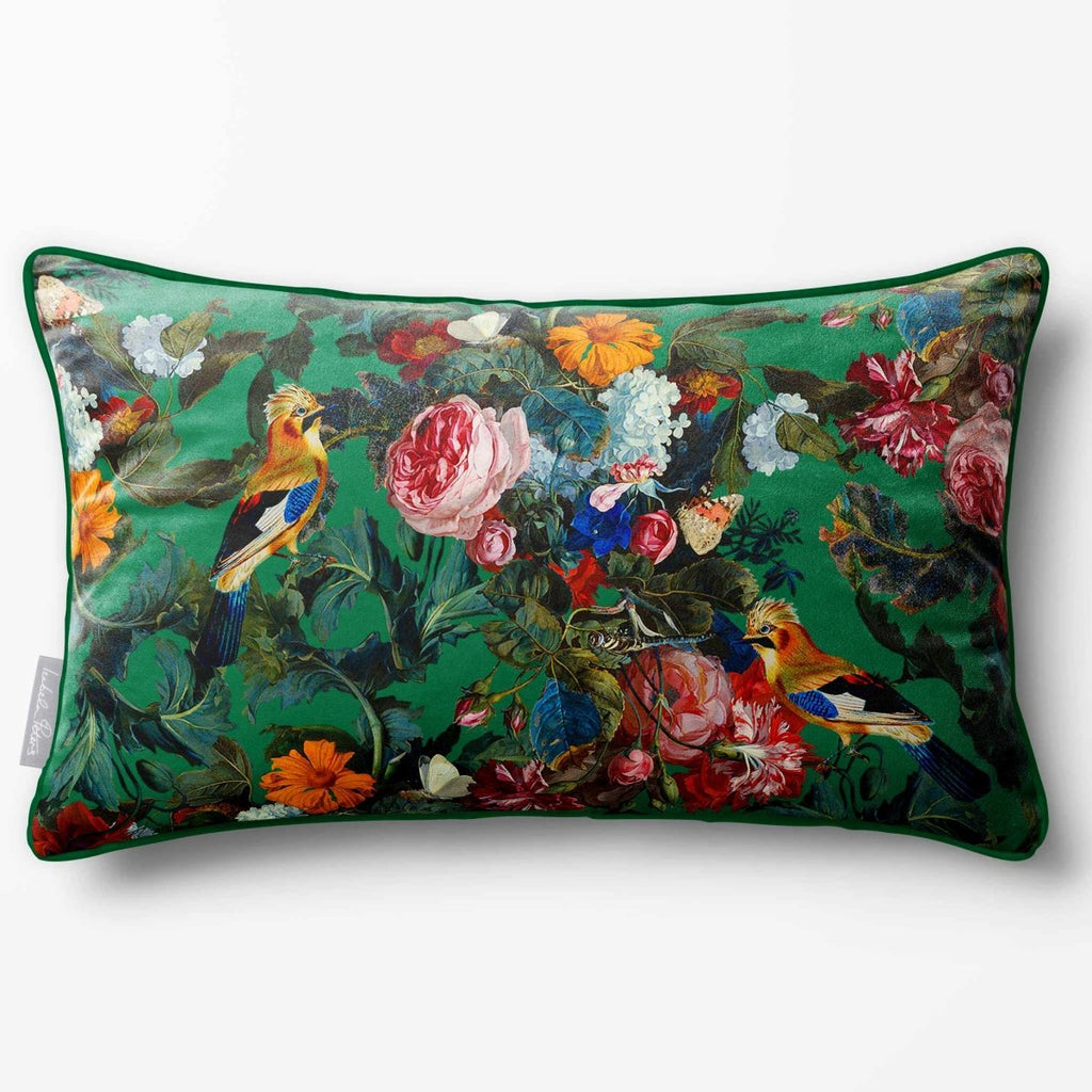 Birds In Paradise | Sustainable Velvet Rectangle Cushion - Emerald Green 50 x 30 cm Piped by Izabela Peters