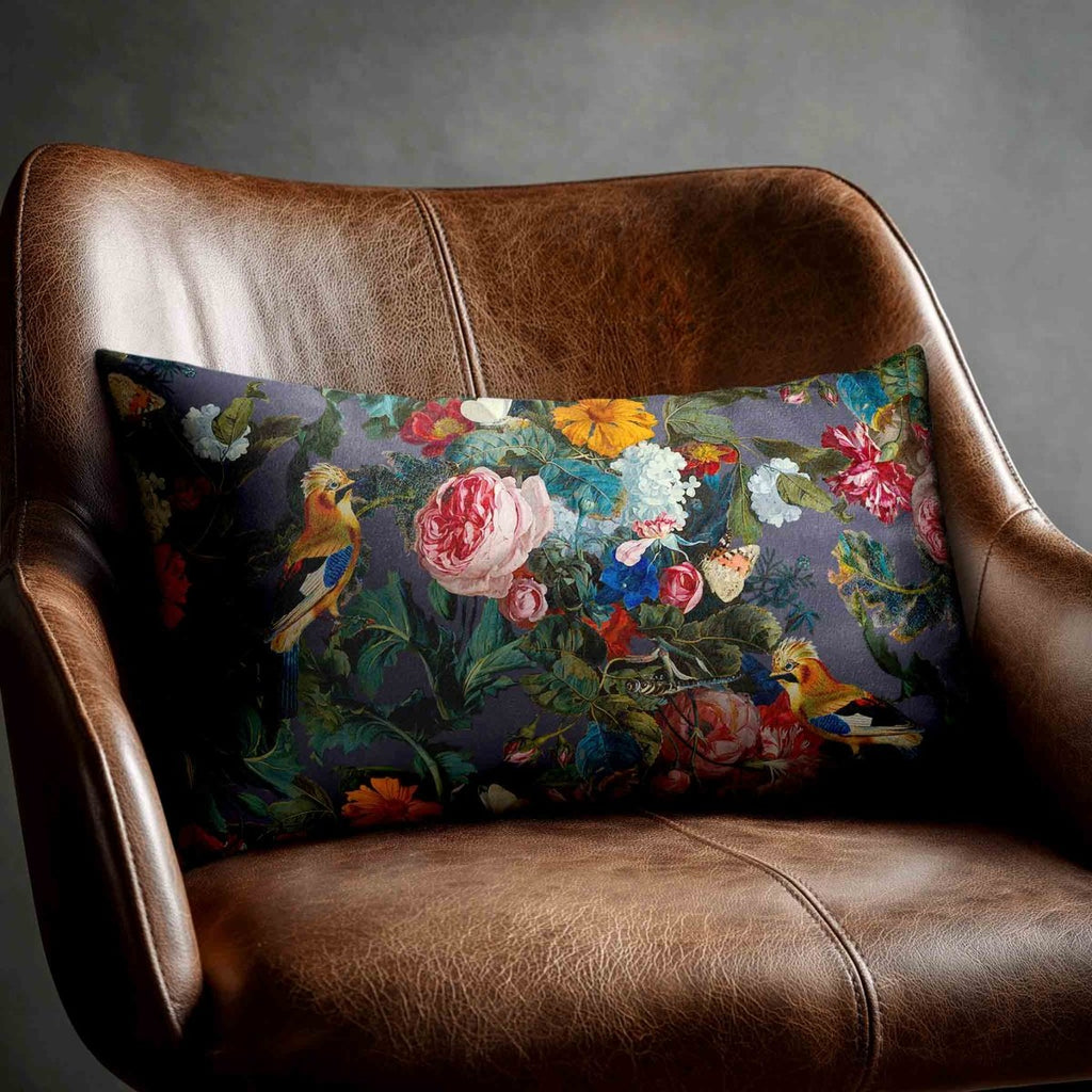 Birds In Paradise | Sustainable Velvet Rectangle Cushion - Graphite 50 x 30 cm Standard by Izabela Peters