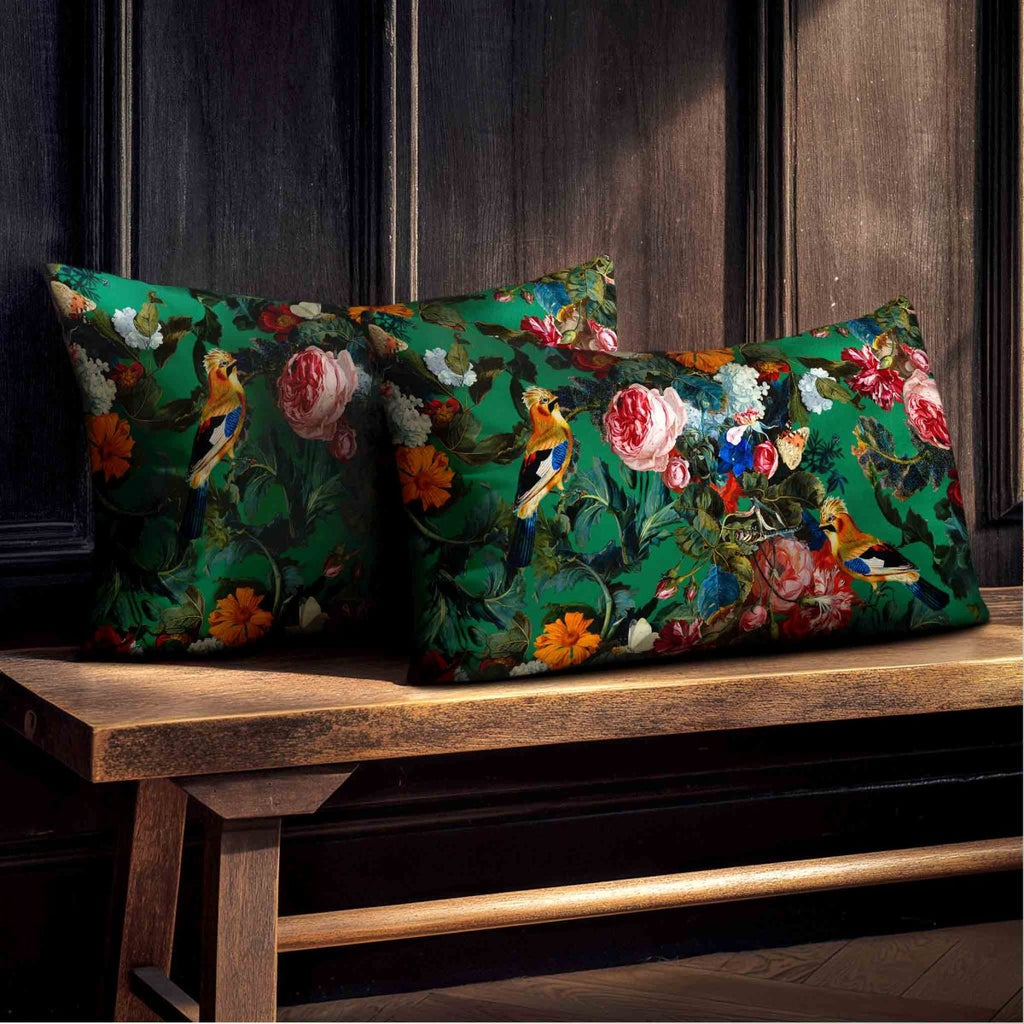 Birds In Paradise | Sustainable Velvet Rectangle Cushion - Emerald Green 50 x 30 cm Standard by Izabela Peters