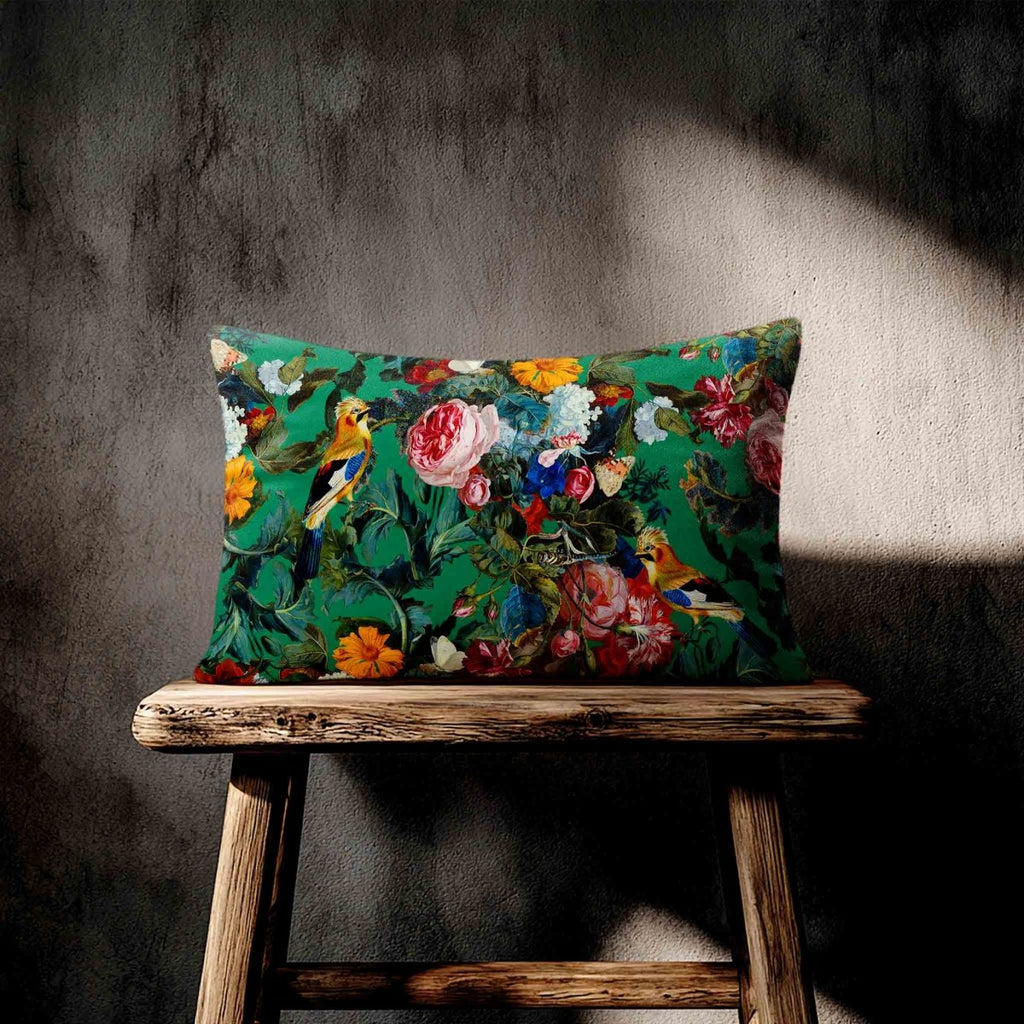 Birds In Paradise | Sustainable Velvet Rectangle Cushion - Emerald Green 50 x 30 cm Standard by Izabela Peters