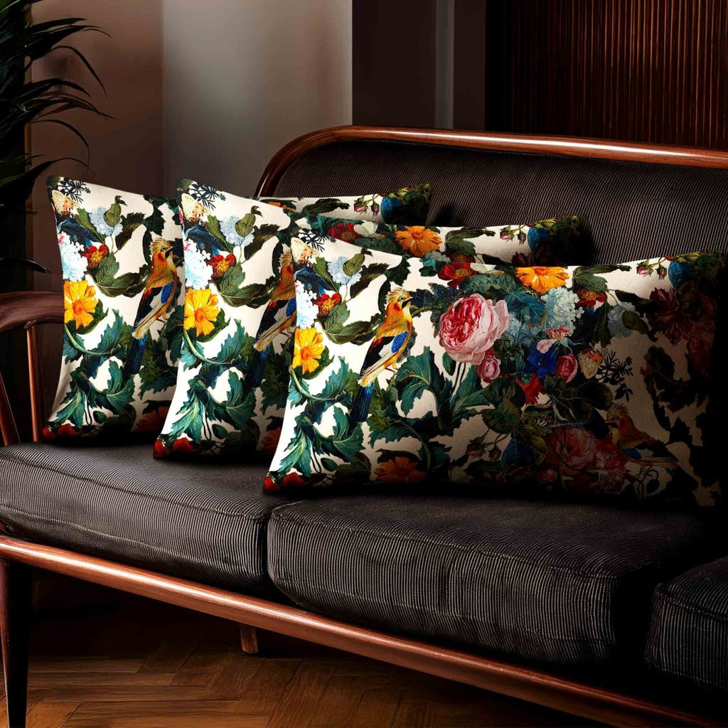 Birds In Paradise | Sustainable Velvet Rectangle Cushion - Ivory Cream 50 x 30 cm Standard by Izabela Peters