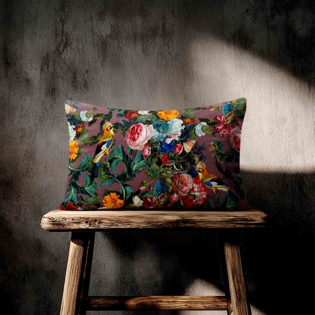 Birds In Paradise | Sustainable Velvet Rectangle Cushion - Italian Grape 50 x 30 cm Standard by Izabela Peters