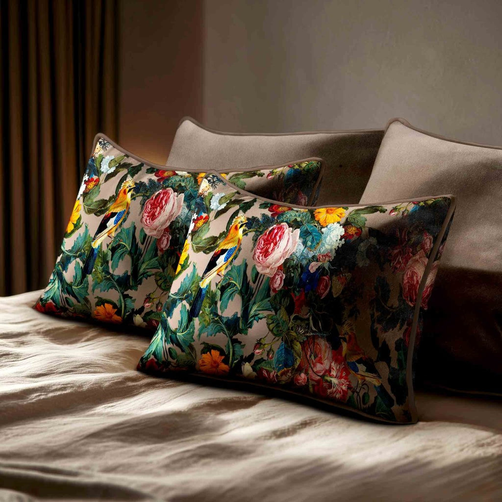 Birds In Paradise | Sustainable Velvet Rectangle Cushion - Dovedale Stone 50 x 30 cm Standard by Izabela Peters