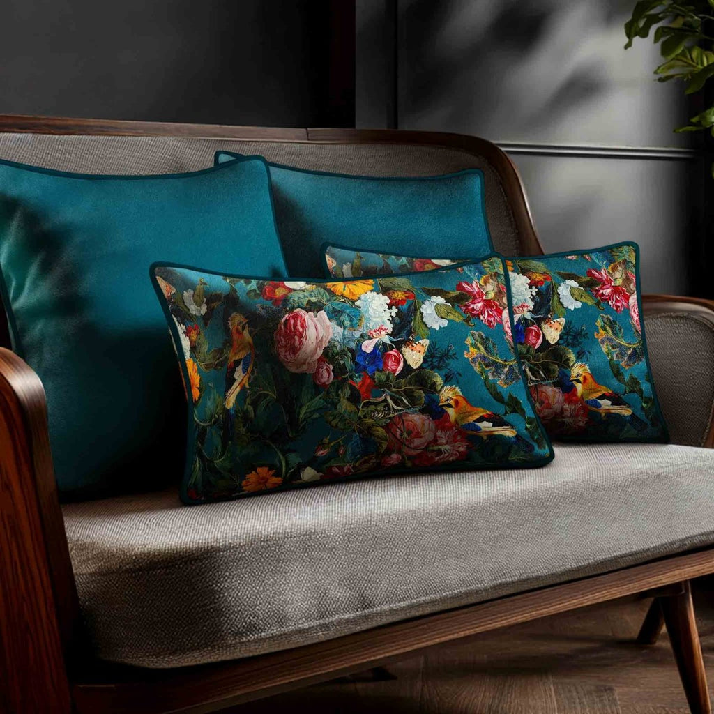 Birds In Paradise | Sustainable Velvet Rectangle Cushion - Teal 50 x 30 cm Standard by Izabela Peters