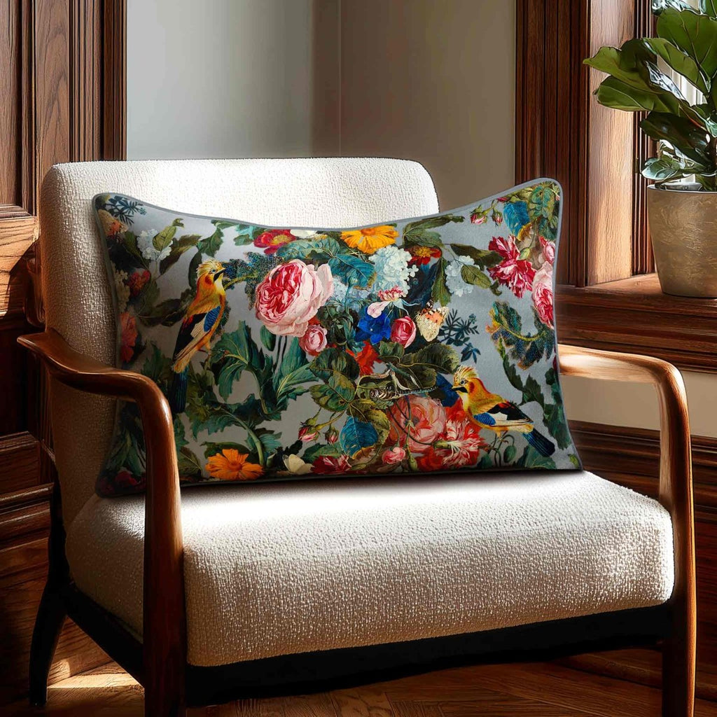 Birds In Paradise | Sustainable Velvet Rectangle Cushion - French Grey 50 x 30 cm Standard by Izabela Peters