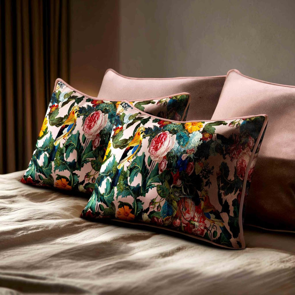 Birds In Paradise | Sustainable Velvet Rectangle Cushion - Rosewater 50 x 30 cm Standard by Izabela Peters
