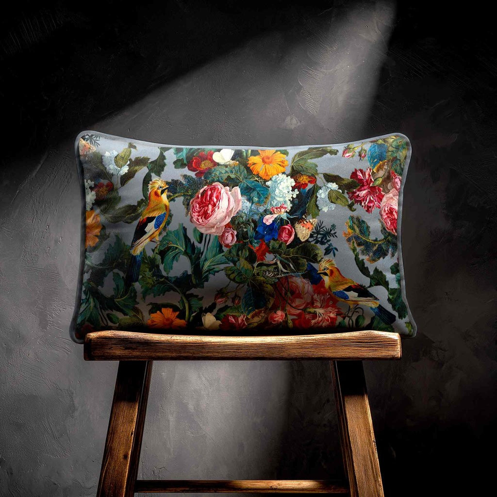 Birds In Paradise | Sustainable Velvet Rectangle Cushion - French Grey 50 x 30 cm Standard by Izabela Peters