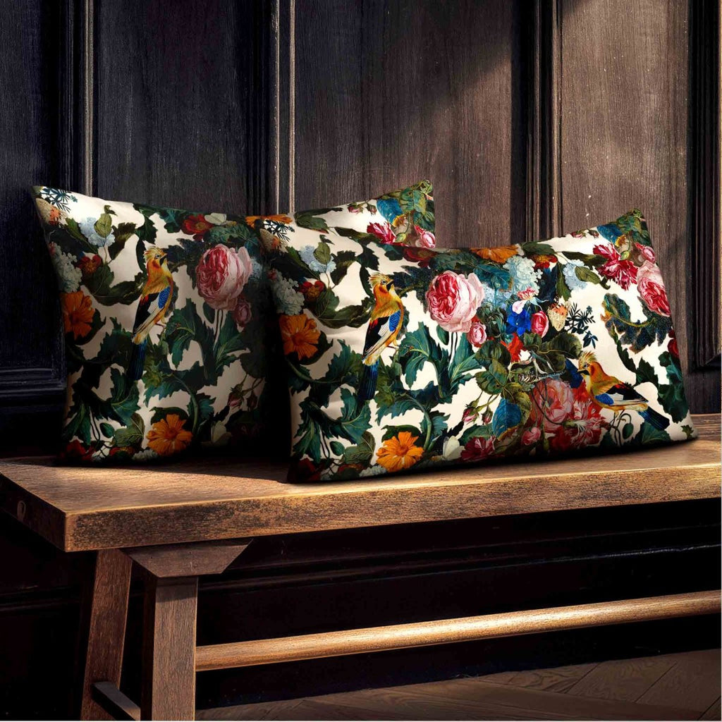 Birds In Paradise | Sustainable Velvet Rectangle Cushion - Ivory Cream 50 x 30 cm Standard by Izabela Peters