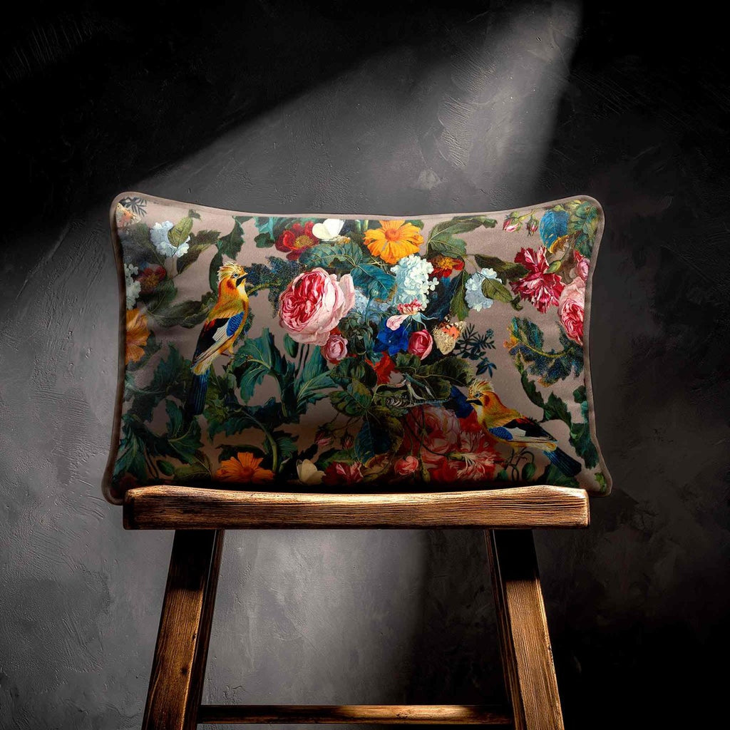 Birds In Paradise | Sustainable Velvet Rectangle Cushion - Dovedale Stone 50 x 30 cm Standard by Izabela Peters