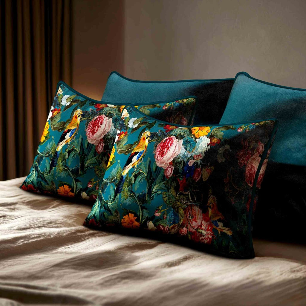 Birds In Paradise | Sustainable Velvet Rectangle Cushion - Teal 50 x 30 cm Standard by Izabela Peters