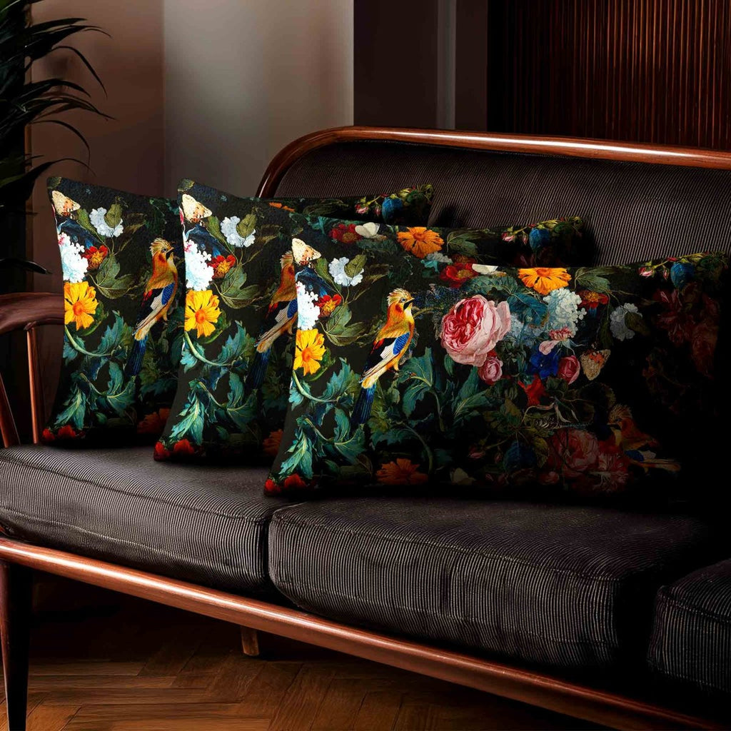 Birds In Paradise | Sustainable Velvet Rectangle Cushion - Charcoal 50 x 30 cm Standard by Izabela Peters