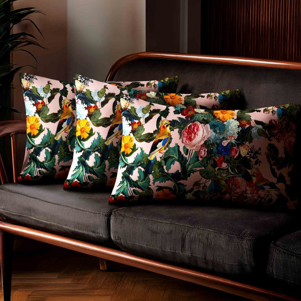 Birds In Paradise | Sustainable Velvet Rectangle Cushion - Rosewater 50 x 30 cm Standard by Izabela Peters