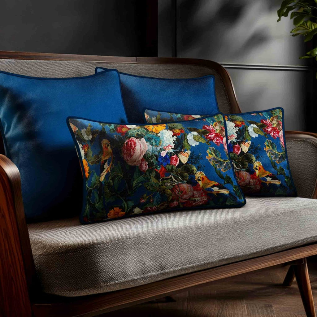 Birds In Paradise | Sustainable Velvet Rectangle Cushion - Estate Blue 50 x 30 cm Standard by Izabela Peters
