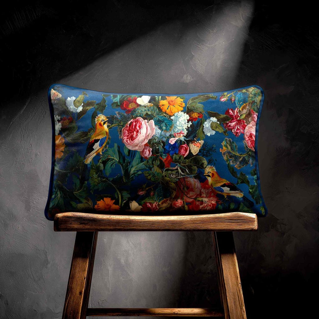 Birds In Paradise | Sustainable Velvet Rectangle Cushion - Estate Blue 50 x 30 cm Standard by Izabela Peters