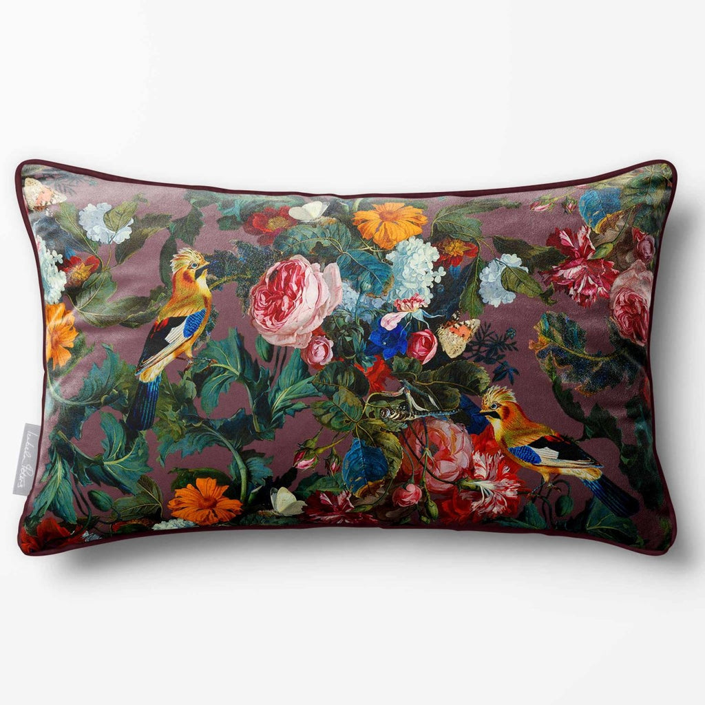 Birds In Paradise | Sustainable Velvet Rectangle Cushion - Italian Grape 50 x 30 cm Piped by Izabela Peters